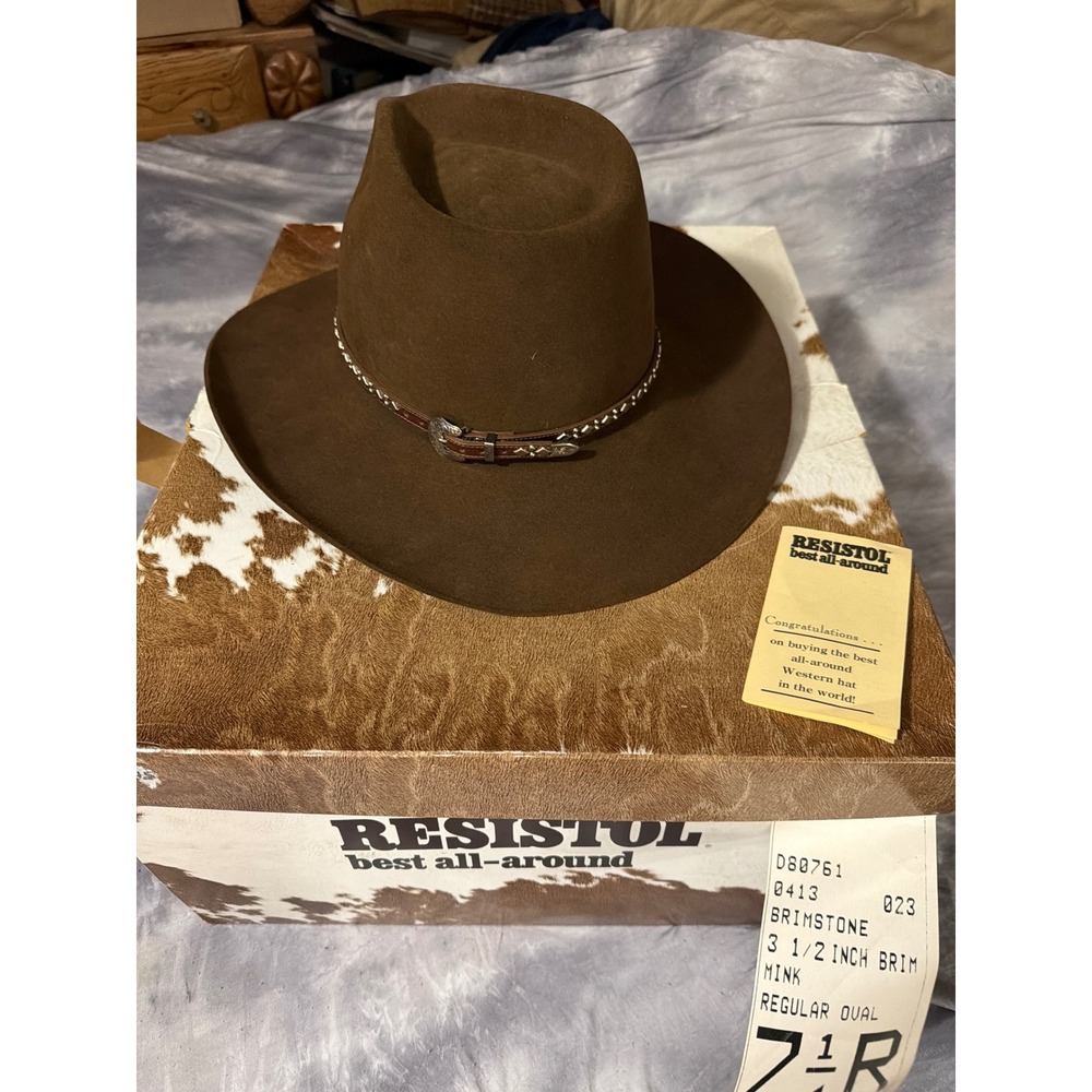 Resistol Brimstone Mink Brown Felt Cowboy Hat 7 1/4 Regular Oval 3.5 Inch Brim